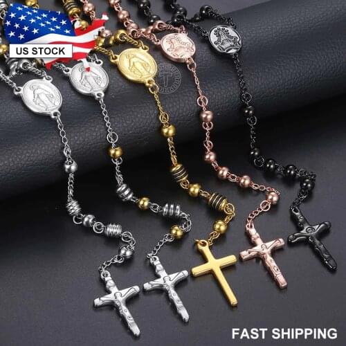 Davieslee Mens Womens Chain Bead Rosary Cross Pendant Necklace Stainless Steel Gold Black SilverTone Jesus Christ 6/8mm LKN434