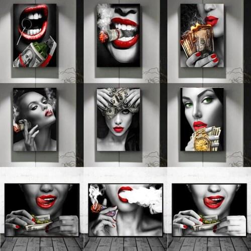 Smile Red Lips Smoking Beauty Woman Picture Burning Dollar Money Canvas Painting Wall Art Poster Home Decoration for Living Room