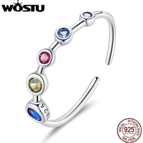 WOSTU 925 Sterling Silver Simple Style Round Dazzling Colorful Zircon Open Ring For Women Wedding Fingers Jewelry Gift CQR749