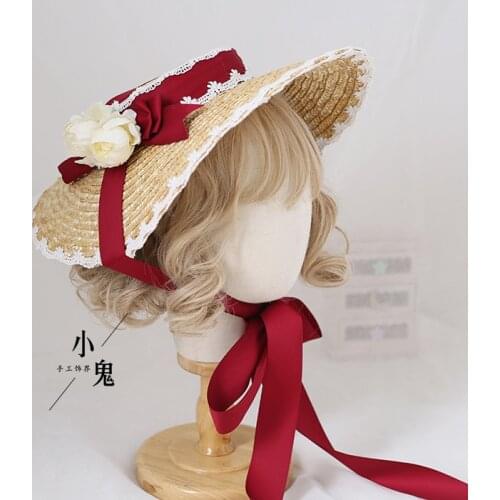 Lolita Lace Cute Bowknot Flower Straw Hat Headdress Girls Flat Top Sunshade Elegant Flat Hat Handwork Hair Ornaments Cosplay