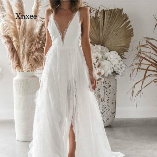 Summer Womens Sling V-Neck Slit Mid-Length Dress White Sexy Sleeveless Dress Womens High Waist Party Low-Cut Full-Length Swing