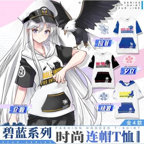 Game Azur Lane Enterprise Laffey IJN Yudachi Ayanami Cosplay Fashion Hooded T-shirt Short Sleeve Tee Tops Casual Summer Unisex