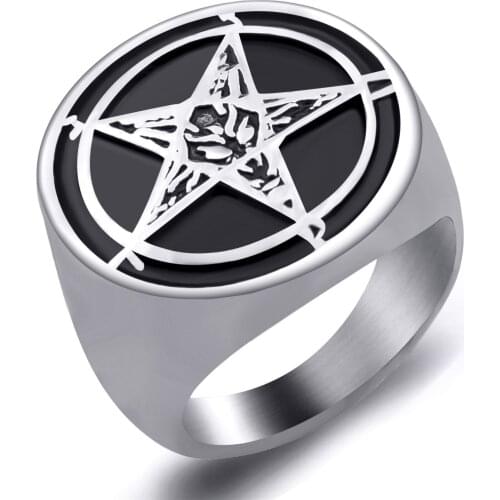 Mens Church of Satan Hexagram Ring Devils Demon Satanic Lucifer Cross Rings Gothic Males Jewelry US Size 7-13