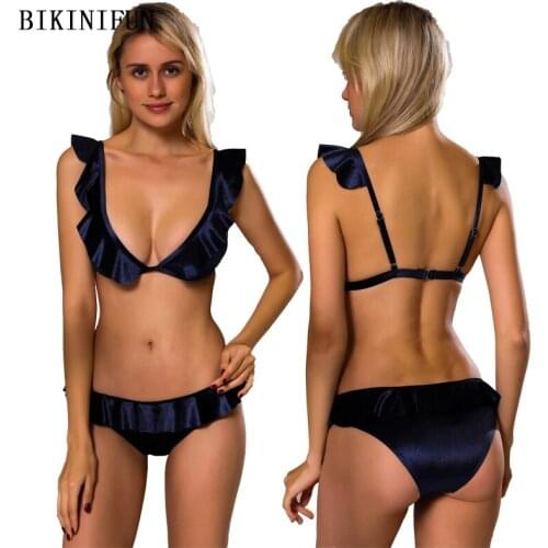 New Sexy Velvet Bikini Women Swimsuit Wide Straps Bathing Suit Solid Color Swimwear S-L Double Layers Bordered Micro Bikini Set