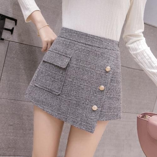 Autumn and winter new woolen Plaid A-line skirt pants womens Korean high waist fashion thin irregular versatile casual shorts