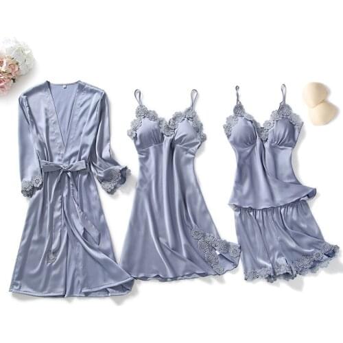 Women Pajamas 4 Pieces Satin Sleepwear Pijama Silk Home Wear Home Clothing Embroidery Sleep Lounge Pyjama with Chest Pads