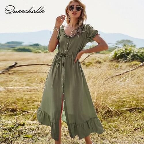 Ruffles Dress Green 2021 Summer Dress Womens Single Breasted A-line Long Skirt Solid Lace Collar Ties High Loose Dress Female