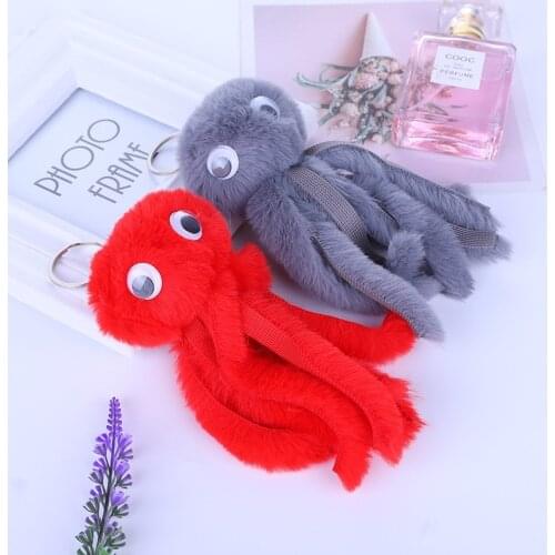 Cute Plush Octopus Keychains Women Pompom Artificial Rex Rabbit Fur Car Key Ring Long Tassel Fluffy Key Chain Bag Jewelry Gift
