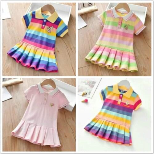 Rainbow Girl Dress Summer Turndown Party Dresses Baby Kids Girls Sweet Clothes Toddler Short Sleeve Children Casual Wear Outfits