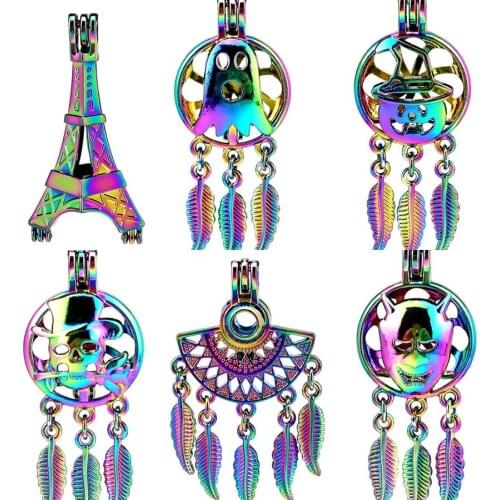 Rainbow Dreamcatcher Eiffel Tower Filigree Beads Cage Perfume Diffuser Aroma Pearl Cage Locket Pendant