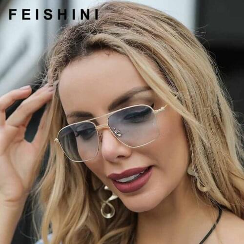 FEISHINI Celebrity Square Sunglasses Men Brand Design Retro Metal Frame Gradient Colorful Lens Fashion Male Sun glasses Shield