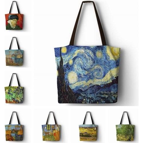 Customized Painting van Gogh star night Handbag Linen polyester shopping Tote Home Storage Bags with Casual Traveling Beach Bags