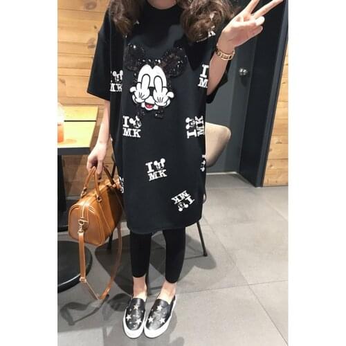 Disney Mickey Mouse T-shirts for Women Black Tops Summer Oversized Long T-shirts Casual O-neck Harajuku New Tops Female T-shirts
