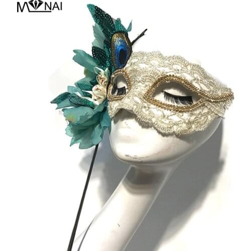 Vintage Beige Blue Floral Feather Mask Girls Flowers Make Up Party Wear Custom Carnival Ball Mask Halloween Accessory Goth