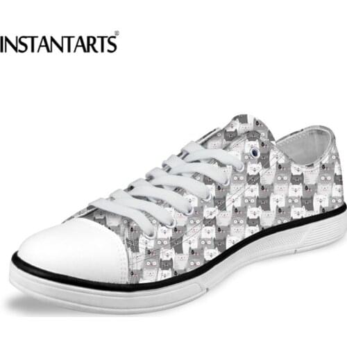 INSTANTARTS Fashion Casual Ladies Vulcanize Shoes Cute Cartoon Puzzle Cats Pattern Canvas Sneakers Woman Low Top Teenagers Shoes