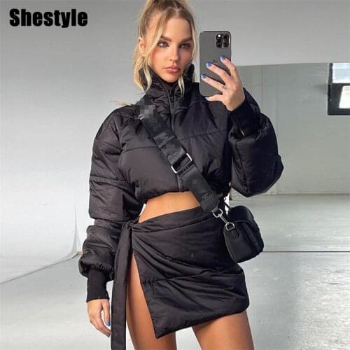 Shestyle Parkas Skirts 2 Two Pieces Sets Women Winter Zip Up Cotton Crop Tops Slit Bnadgae Sexy Streetwear Fashion Popular