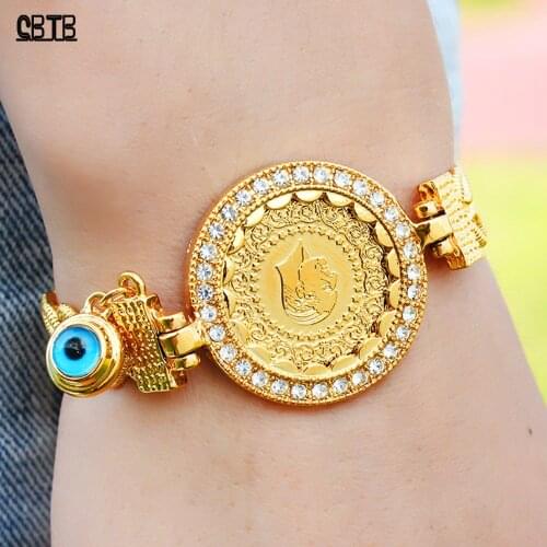 Womens Coin Crystal Bracelet Bracelet High Quality Yellow Gold Jewelry Muslim Islam Charm Bracelet Arabian Wedding Gift
