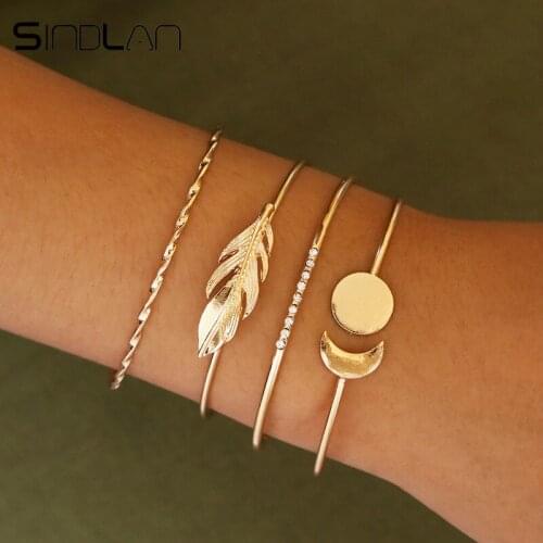 Sindlan 4PCs Set Open Mouth Gold Leaf Sun Moon Bangles Bracelets Simple Crystal Charm Wrist Chain Boho Bracelets for Women
