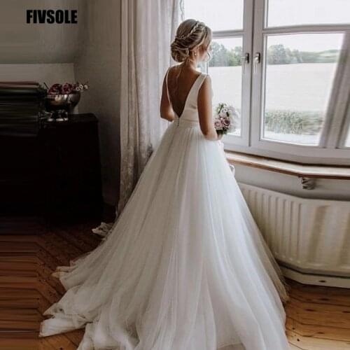 Fivsole Scoop Neck Backless A-Line Tulle Wedding Dress 2021 With Hand Made Bow Bride Gowns Vestidos De Novia Simple Custom Made