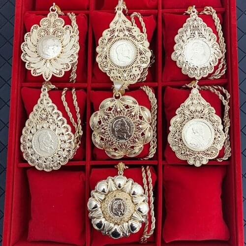 1862 Napoleon III of the French Empire Metal Coin Double Pendant in Flowery Palace Engraving Hollow Wedding Necklace