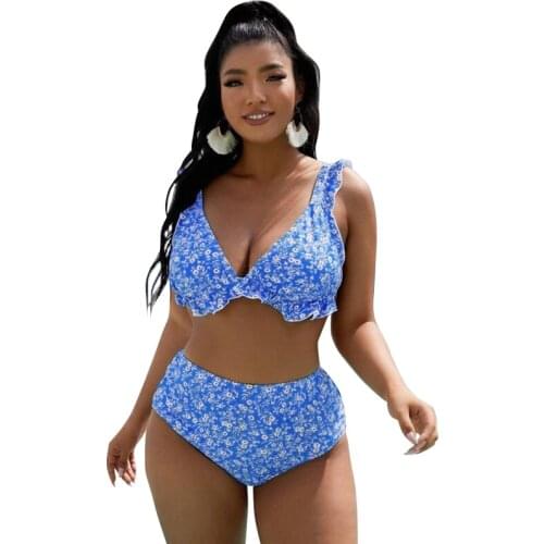 2021 New European and American Plus Size Swimwear Sexy Gathering Swimwear Floral Swimsuit Split High Waist Fat Swimsuit