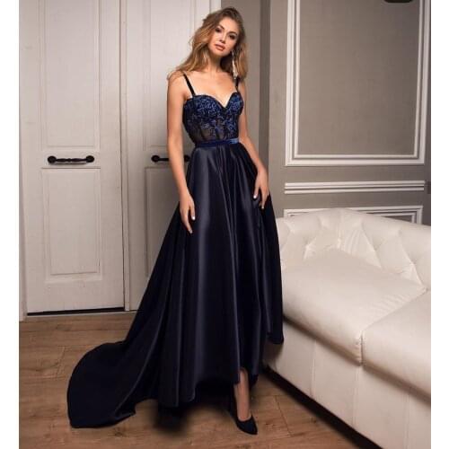 2021 Navy Blue Sweetheart Satin Evening Dresses High Low A-Line Sleeveless Backless Spaghetti Straps Elegant Party Prom Dresses