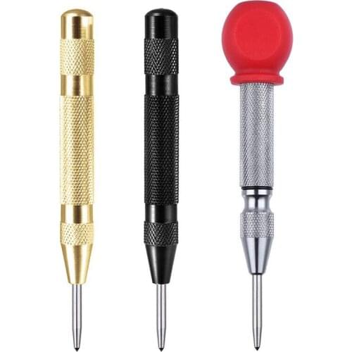 3 Pcs Automatic Center Punch Tool, 5 Inch Spring Loaded Crushing Hand Tool With Cushion Cap And Adjustable Impact – Gold, Black