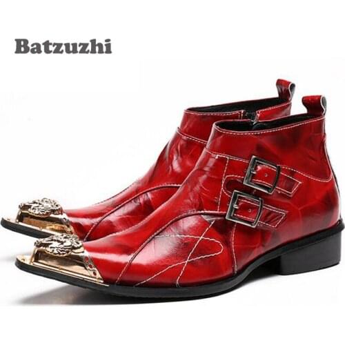 Batzuzhi Italian Style Men Boots Red Leather Ankle Boots Pointed Toe Metal Tip Fashion Dress Boots Man Botas Hombre, Big Size 46