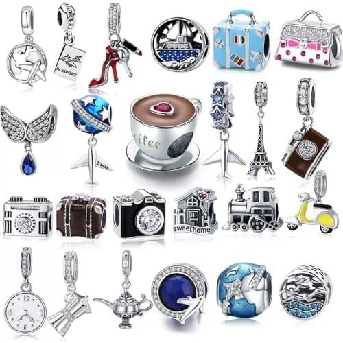 925 Sterling Silver Berloque Family House Eiffel Tower Camera Travel Dream Coffee Cup Shoes Charm Fit Charm Bracelet DIY Jewelry