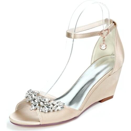 Elegant Lady Wedges Satin Evening Dress Sandals with Crystal Brooch Summer Beach Wedding Bridal Shoes Ankle Strap Open Toe Pump
