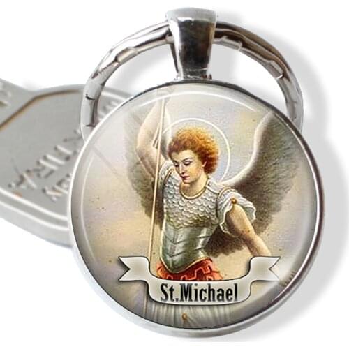 St Michael Glass Keychain Saint Keyring Art St Michael Glass Dome Jewelry Religion Cabochon Michael Pendant Key Chain Ring Gift