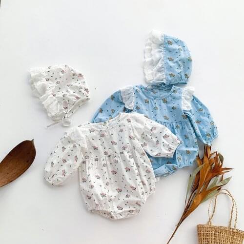 Baby Girl Autumn Clothing Infant Girls Romper Long Sleeve Cotton Floral Print Romper Jumpsuit + Hat Outfit