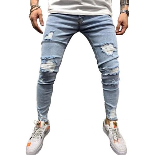 New Fashion Vintage Men Jeans Slim Elastic Knee Ripped Hole Jogger Skateboard Designer Denim Pants Male Streetwear