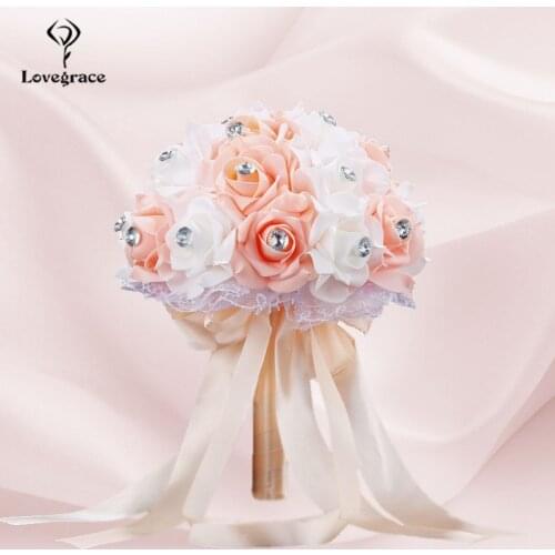 Lovegrace Bridal Wedding Bouquet PE Rose White Rhinestone Bouquet for Bride Bridesmaid Holding Flowers Marriage Wedding Supplies