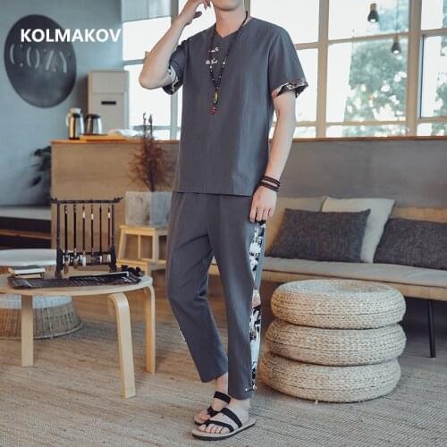 2021 summer men shirt Cotton and linen shirts mens casual printing design shirts elastic waist men size M-5XL(Shirt + trousers)
