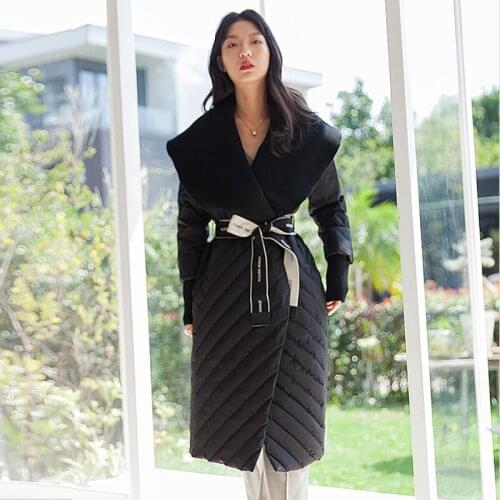 Brand New 2020 Winter Jackets Womens down jacket Long Parka LADY big rocks 100% Wool stitching Outerwear Parha slim Belt