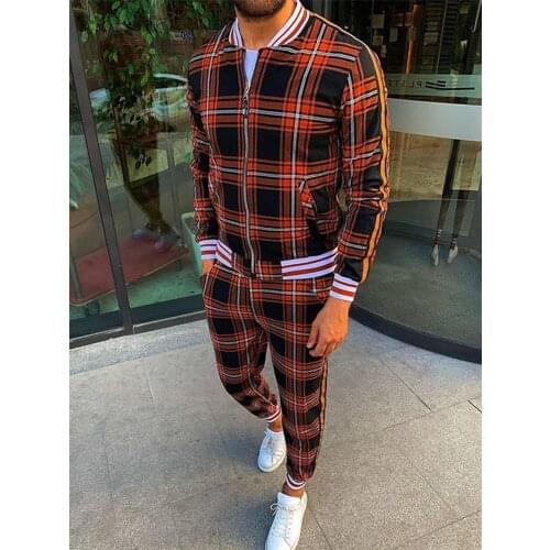 New Autumn Mens European American Suits 3D Plaid Zipper Blazer Sweatshirt Casual Fashion Slim Trousers Male Clothing