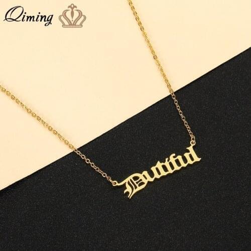 QIMING Dutiful Beautiful Words Necklace For Women Men Boys Students Gift Old English Letter Pendant Necklace Jewelry Dropship