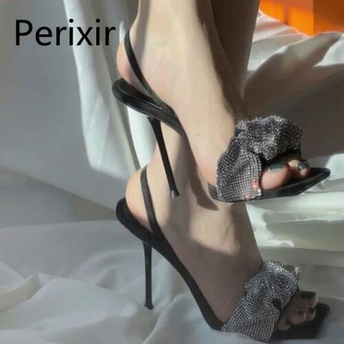 Perixir Design 2021 New Women Sandals Slingback Ruffles Rhinestones Footwear Sheepskin Shiny Wedding Party Lady Shoes In Summer