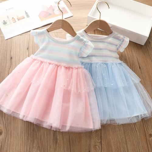 Cotton Striped Baby Girl Dress Summer New Short Hollow Out Stars Blink Patchwork Gauze Ball Gown Kids Clothes