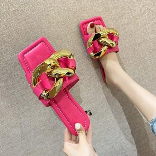 Square Toe Womens Slippers Summer Shoes Woman Candy Color New Metal Buckle Casual Flat Bottom Beach Flip Flops Ladies Slides