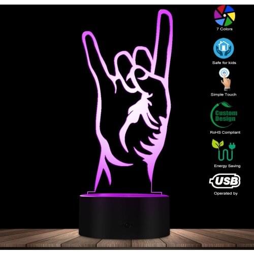 Modern Rock And Roll Hand Gesture 3D Optical illusion Night Lamp Rock On Hand Sign Silhouette Design Desk Light Creative Lamp