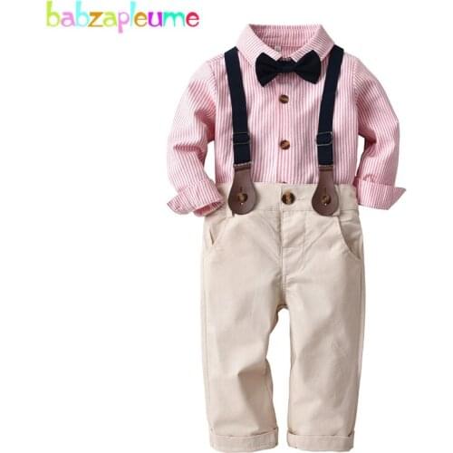 1-4Years Spring Fall Fashion Kids Wear Boys Clothes Gentleman Baby Stripe T-shirt+Pants+Straps+Bow Children Clothing Sets BC1749