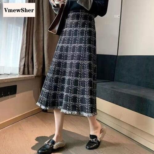 VmewSher New Autumn Women Knit Skirt Office Lady Elegant Black White Plaid Mid-calf Long Winter Elastic High Waist Tassel Skirts