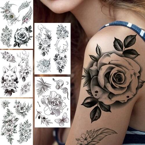 Rose Flower Temporary Tattoos For Women Girls Fake Cluster Anemone Zinna Peony Tattoo Sticker Feather Snake Wolf Black Tatoos 3D
