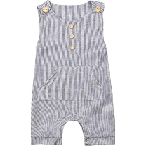 High quality baby clothes Boys Sleeveless Rompers Button striped Cotton Linen Soft jumpsuits Pockets playsuits baby outfit