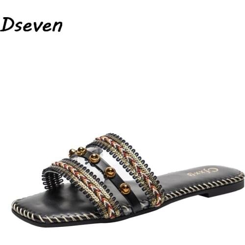 2021 Summer Ethnic Style Weave Women Slippers Transparent Flat Sandals Female Solid Casual Sandals Ladies Beach Slides Sandales