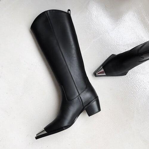 Osunlina Western Boots Metal Pointed Toe Square Heels Knee High Boots Woman Black White Leather Slip On Handmade Shoes A050