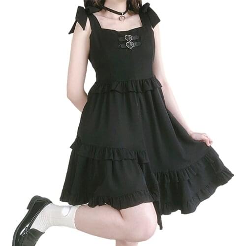 Gothic Black Dresses Women Summer Harajuku Soft Girl Kawaii Overalls Lolita Cute Sexy Cosplay Vintage Short Party Princess Dress