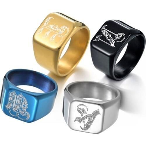2020 Fashion Simple Style Black Gold Blue Square Ring Mens Vintage Stainless Steel Letters Customized Jewelry Gift For Him